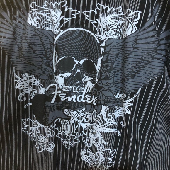 Fender Guitar Long Sleeve Striped Button Up Shirt Skull Rock n Roll Size Large - Picture 8 of 10